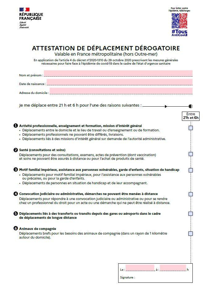 Couvre Feu A 23h La Nouvelle Attestation De Deplacement A Imprimer Ou Telecharger Sortiraparis Com