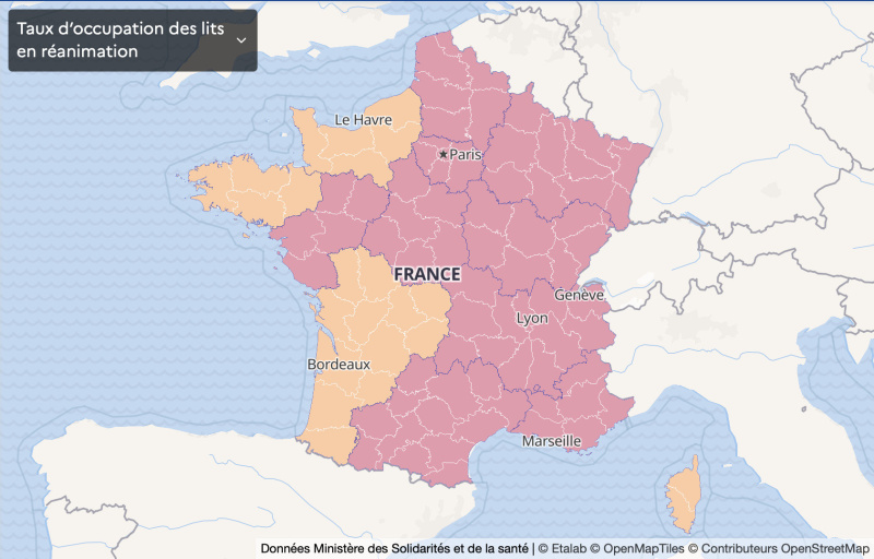 Carte de France Covid le 24 novembre : le taux d'occupation lits de r&eacute;animation par r&eacute;gion